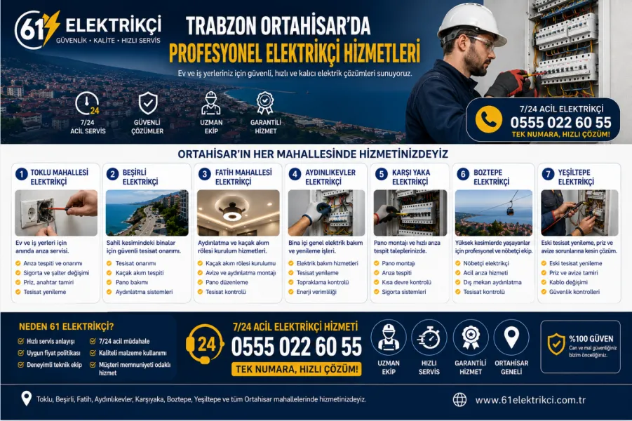 Trabzon Ortahisar Elektrikçi Hizmetleri | Toklu, Beşirli, Fatih, Aydınlıkevler ve Çevresinde 7/24 Elektrik Servisi