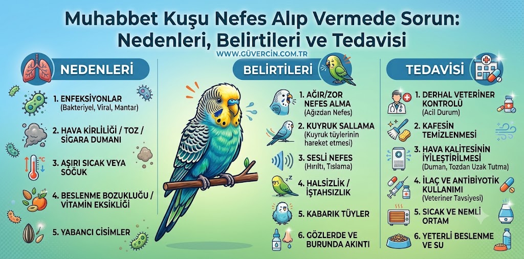 Muhabbet kuşu Hapşırma , Burun akıntısı , Göz sulanması , Hırıltılı solunum , İştahsızlık , Halsizlik , Sürekli Uyuma